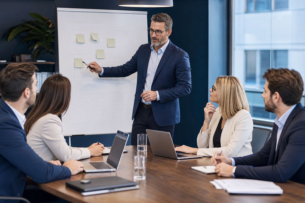 Coach guida manager in ufficio moderno per qualificazione clienti