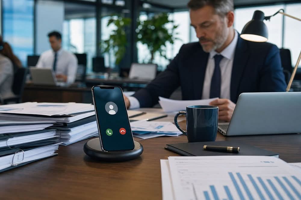 Smartphone su scrivania d'ufficio ricevendo chiamata importante.
