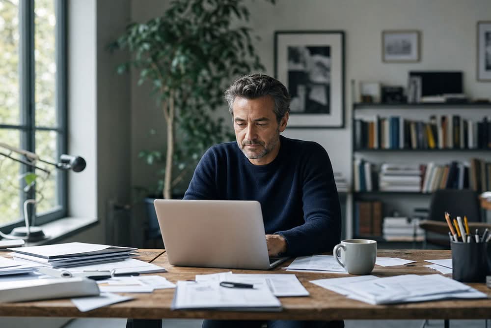 Professionista al computer stressato dal sovraccarico di informazioni e dalle troppe notizie da leggere.